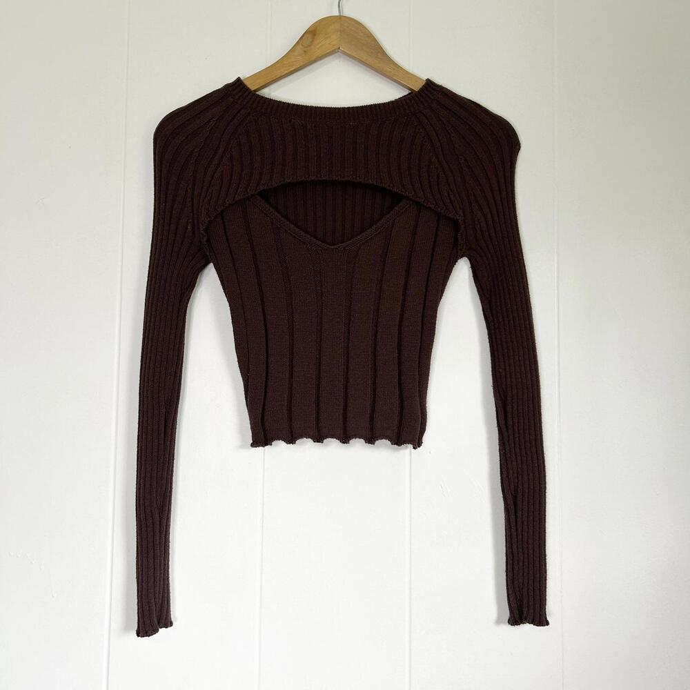 Aeropostale Brown Ribbed Open Front Keyhole Long Sleeve Crop Top Women's Small